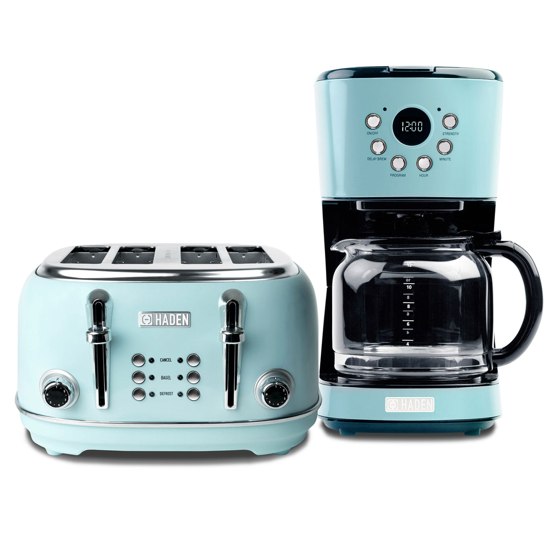 Haden Coffee Maker & Heritage 4 Slice Wide Slot Toaster, Turquoise & Chrome