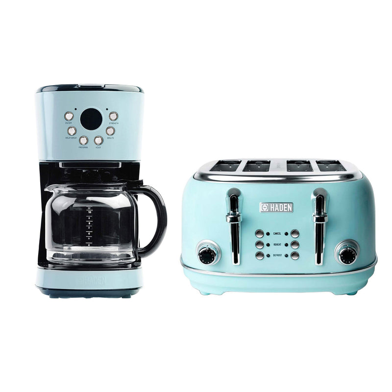 Haden Coffee Maker & Heritage 4 Slice Wide Slot Toaster, Turquoise & Chrome