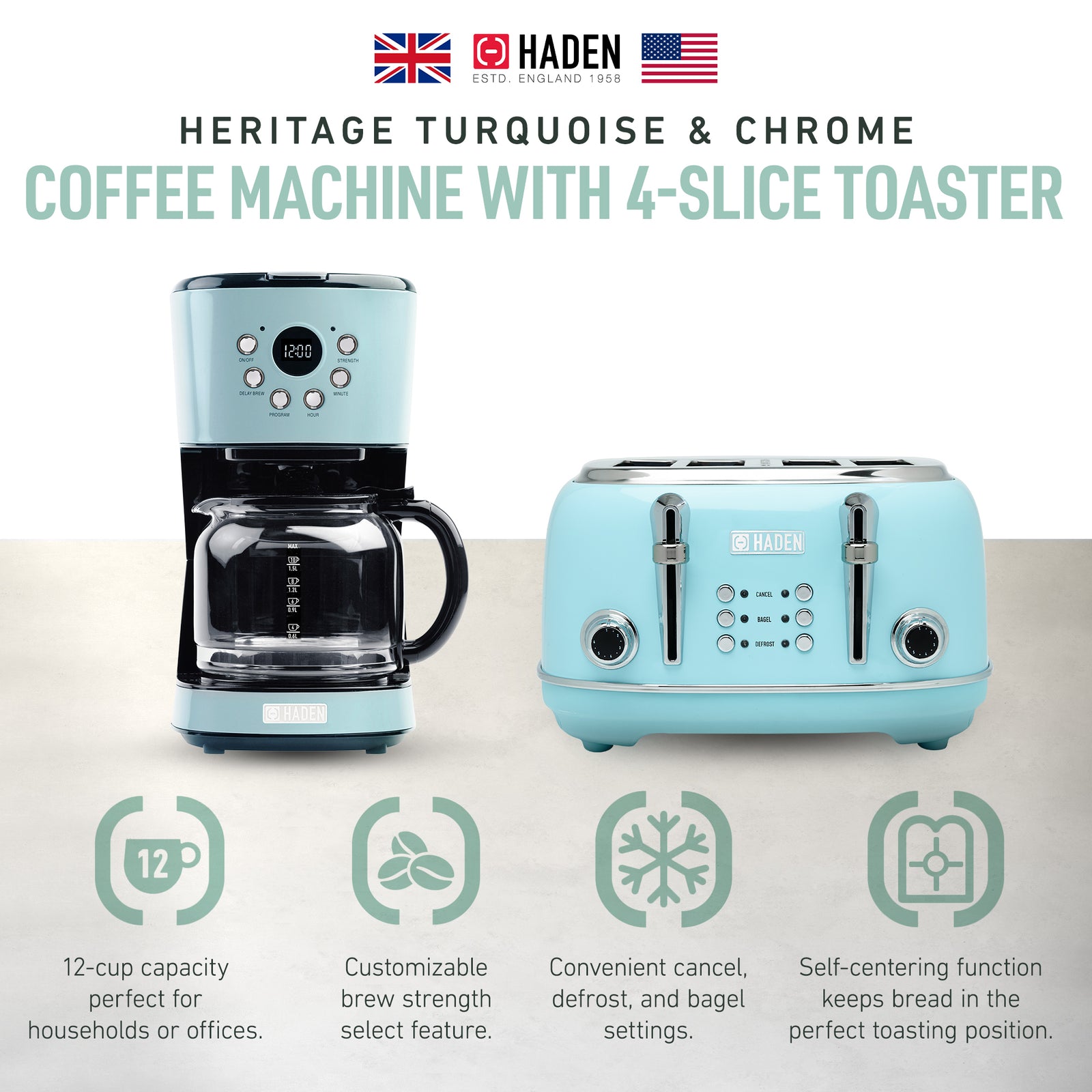 Haden Coffee Maker & Heritage 4 Slice Wide Slot Toaster, Turquoise & Chrome - VMInnovations