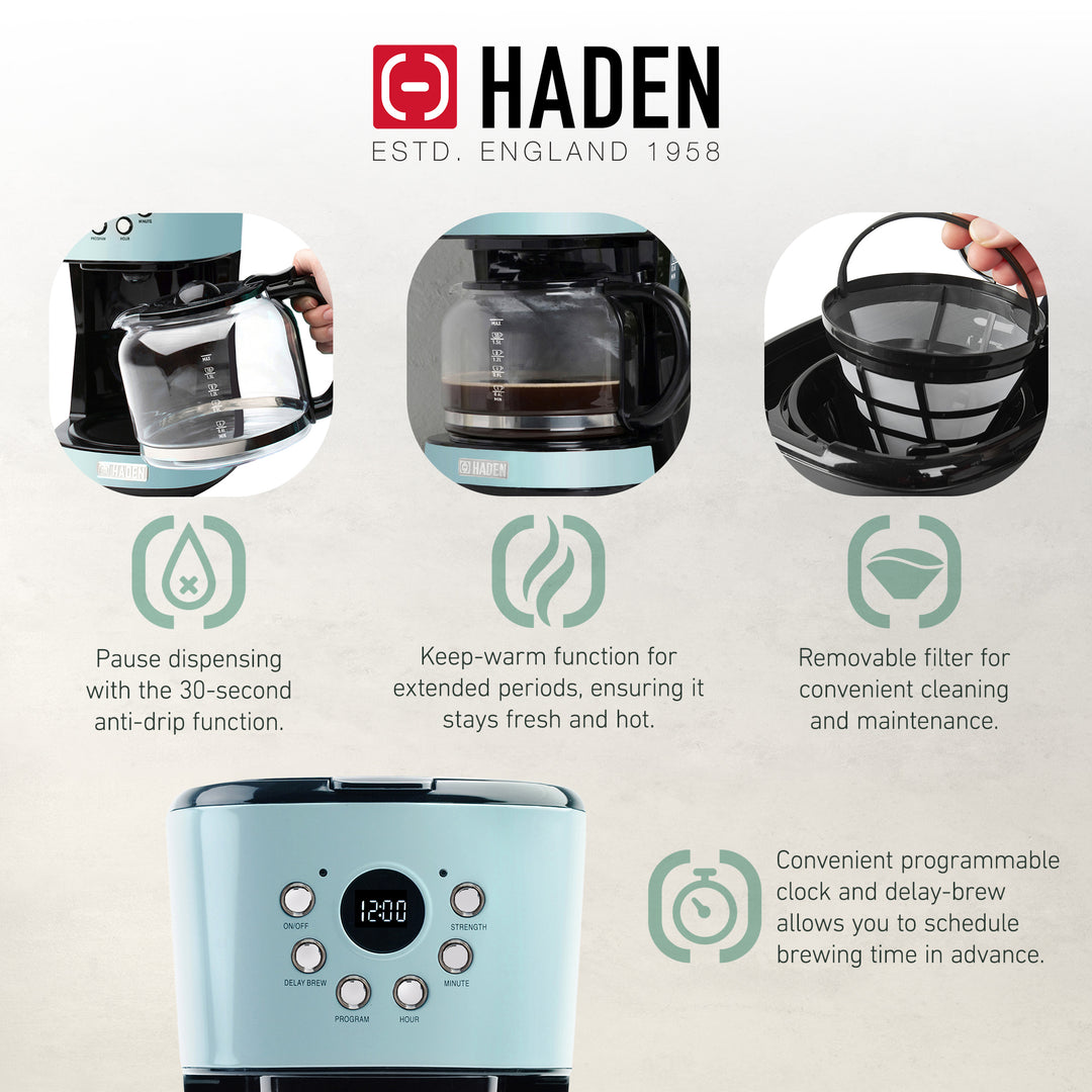 Haden Coffee Maker & Heritage 4 Slice Wide Slot Toaster, Turquoise & Chrome