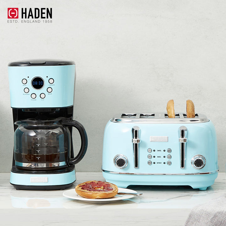 Haden Coffee Maker & Heritage 4 Slice Wide Slot Toaster, Turquoise & Chrome