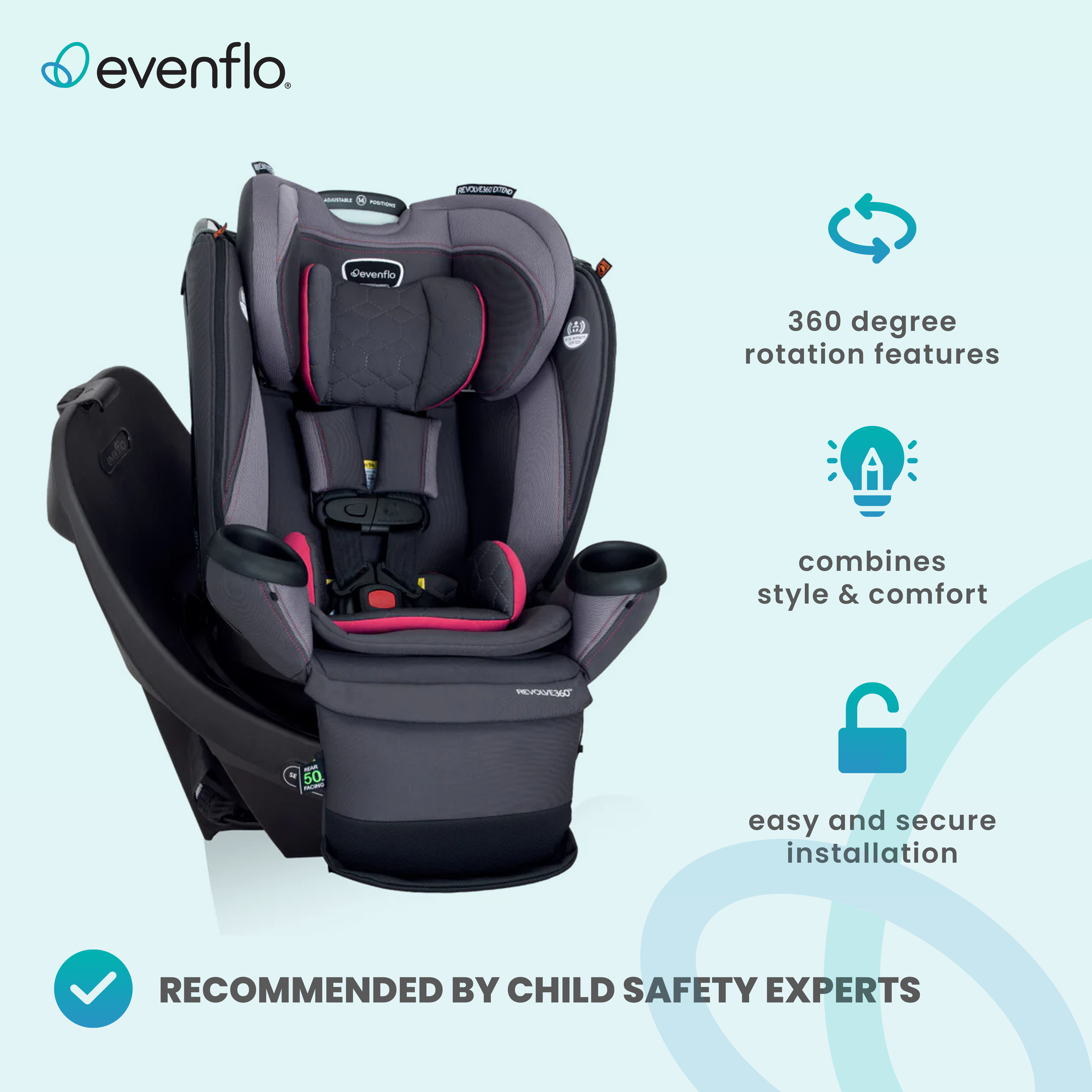 Evenflo Extend Rotational All in 1 Convertible Car Seat, Rowe Pink (Open Box)