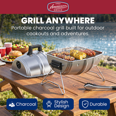 Americana Grills Keg A Que Charcoal BBQ Portable Grill, 186 Square Inch, Silver