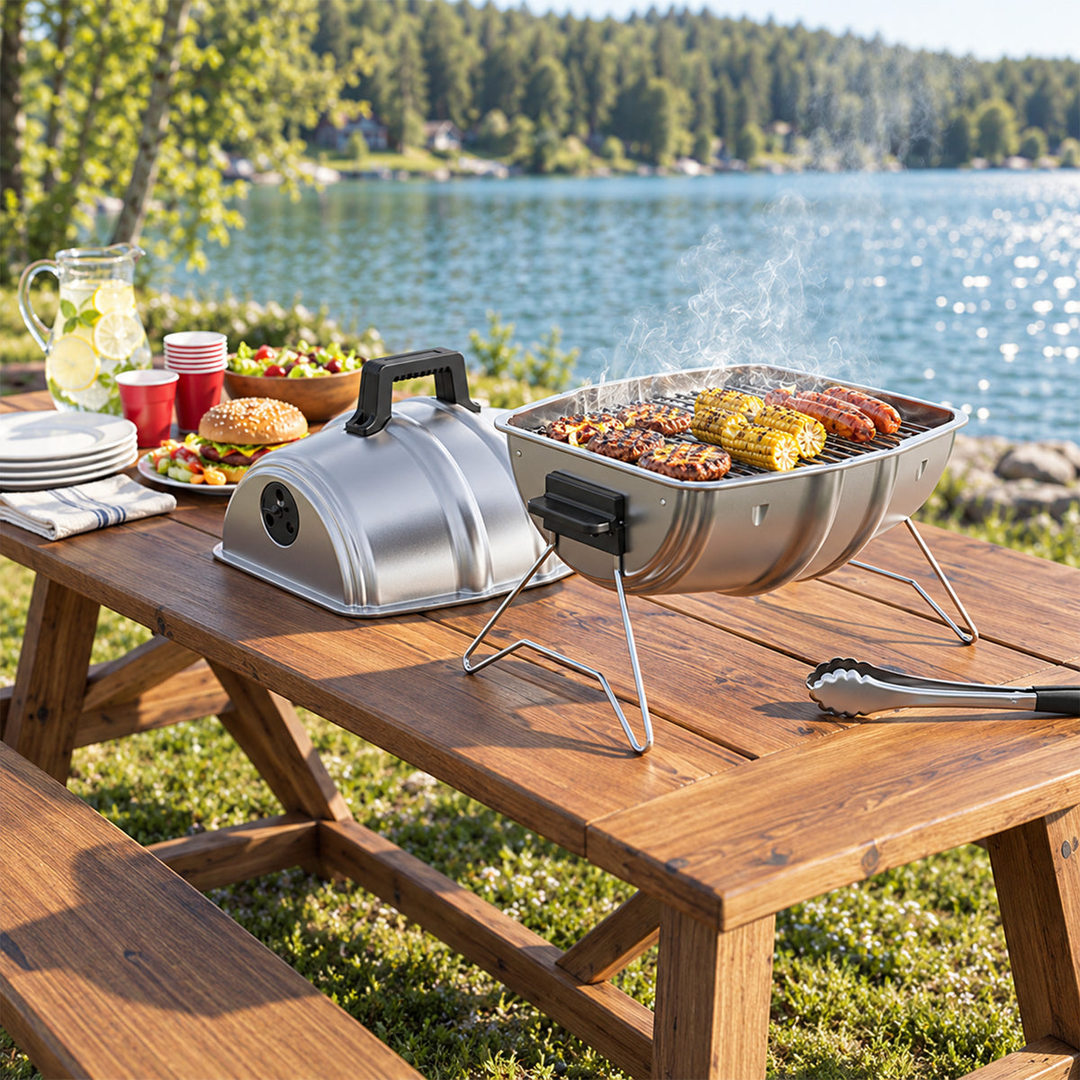 Americana Grills Keg A Que Charcoal BBQ Portable Grill, 186 Square Inch, Silver