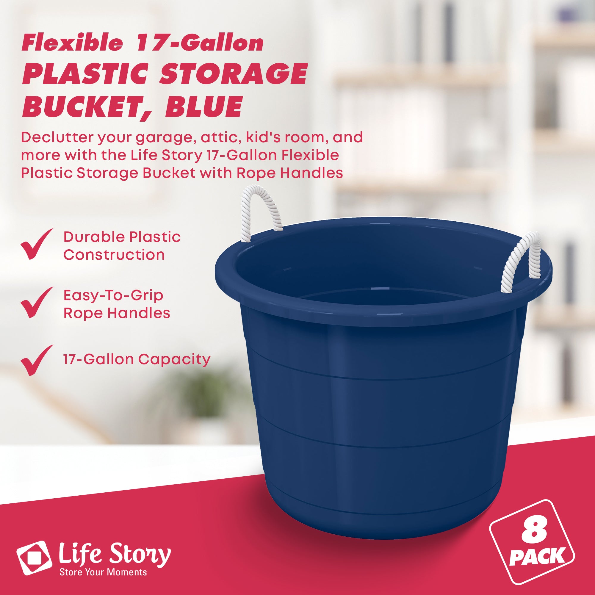Life Story 17 Gallon Round Open Storage Bucket with Rope Handles, Blue, 8 Pack