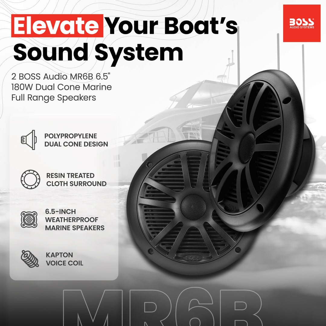 BOSS Audio MR6B 6.5" 180W Dual Cone Marine Full Range Speakers, Black, 1 Pair - VMInnovations