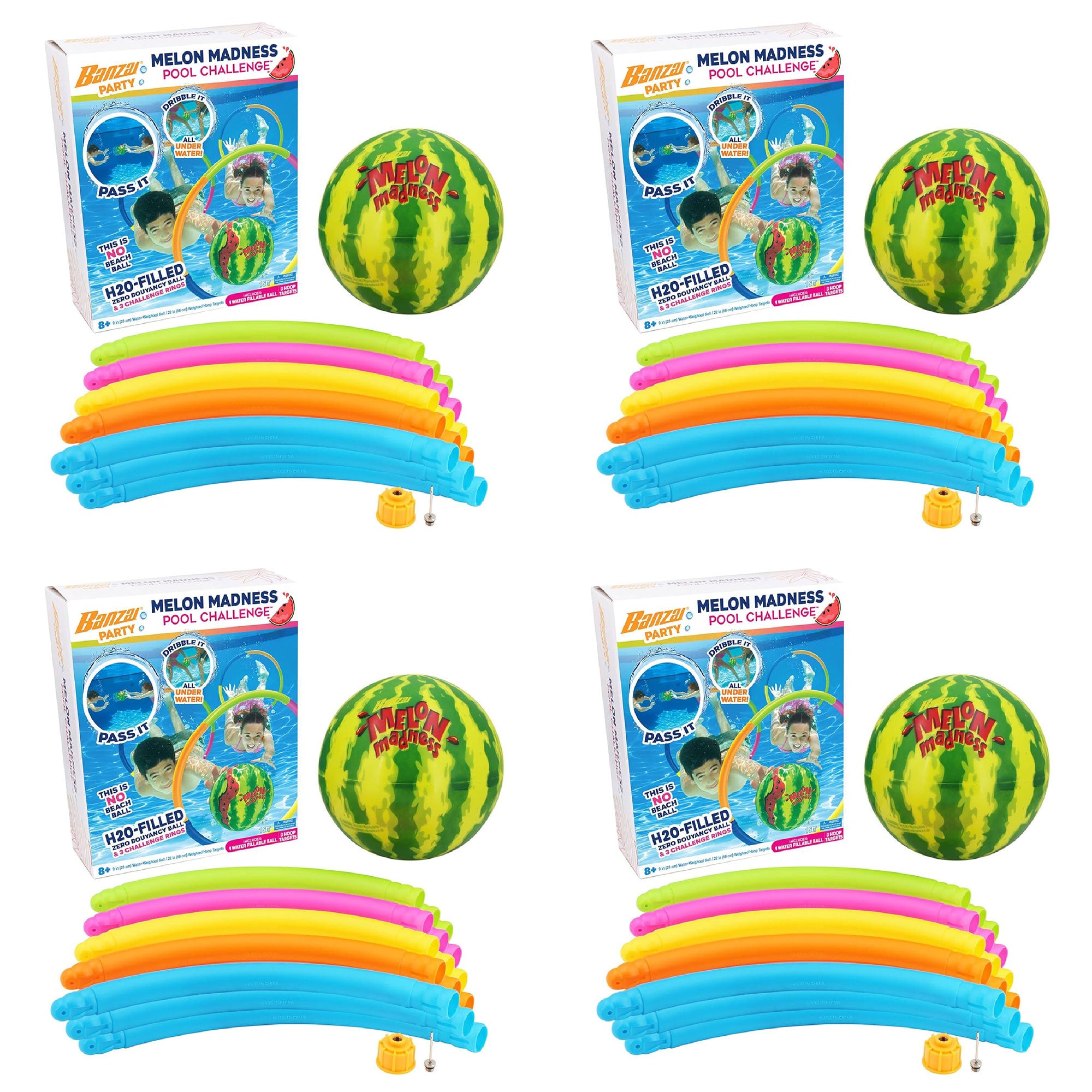Banzai Melon Madness Pool Challenge Water-Filled Ball with Target Hoop, 4 Pack