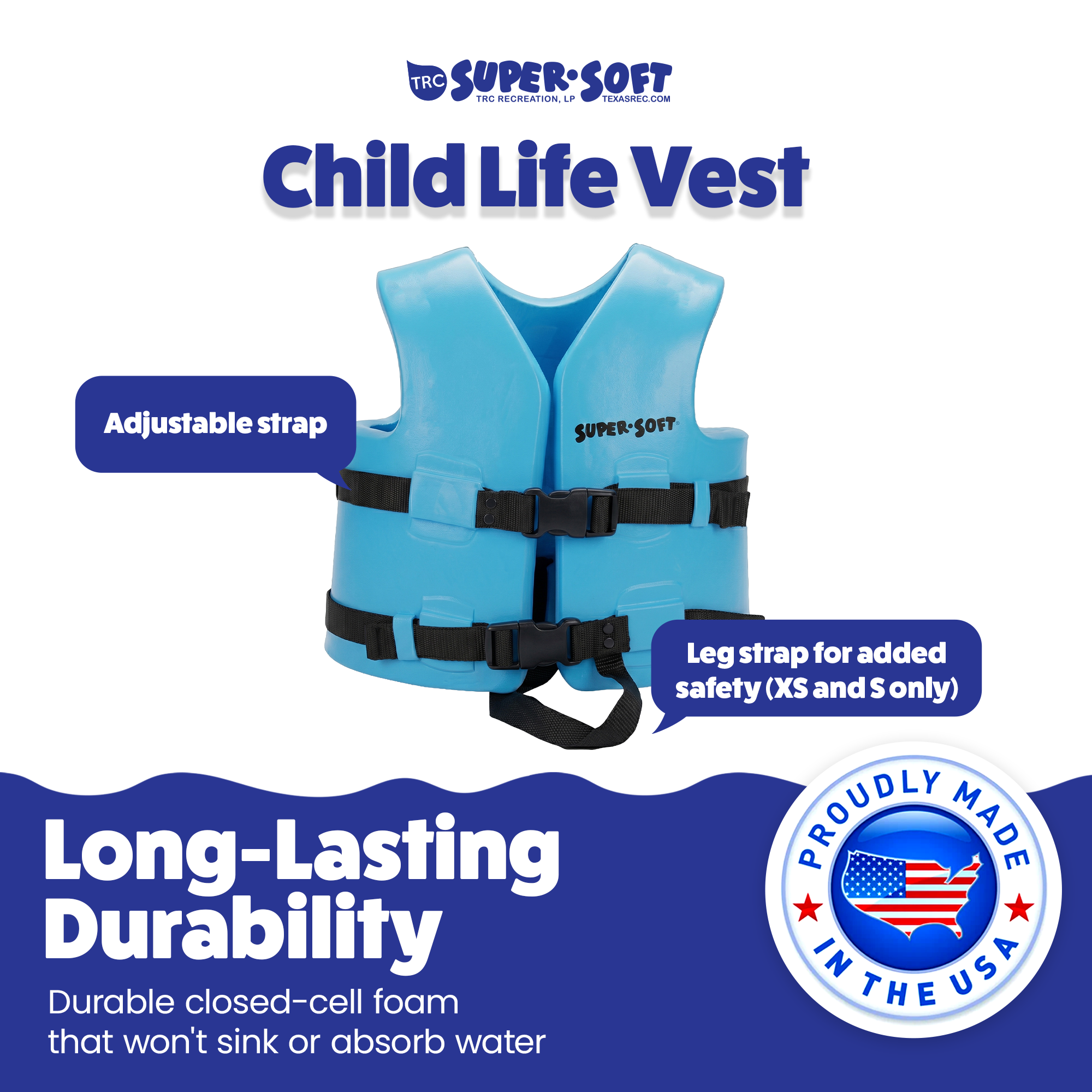 TRC Recreation Super Soft Child Life Jacket Safety Vest, Medium, 2 Pack, Blue