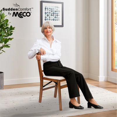 MECO Stakmore Urn Wood Upholstered Seat Folding Chair Set, 4 Pack, Fruitwood - VMInnovations