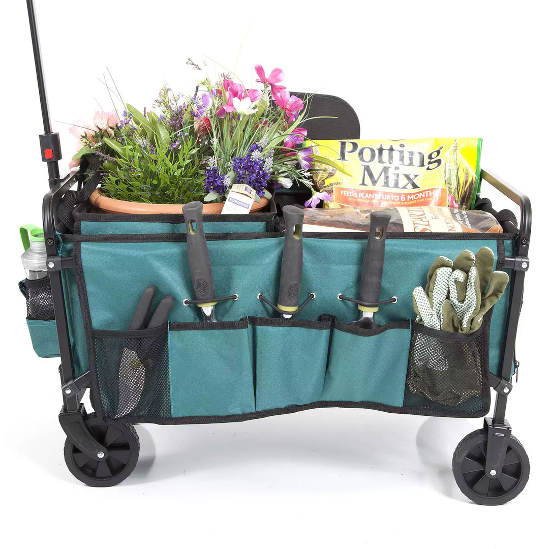 Seina All in One Foldable Garden Wagon with Mulch & Soil Dumper Included, Green