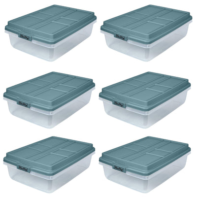 Hefty 40 Qt Hi-Rise Stackable Plastic Storage Bin with Lid, 6 Pack, Smoke Blue
