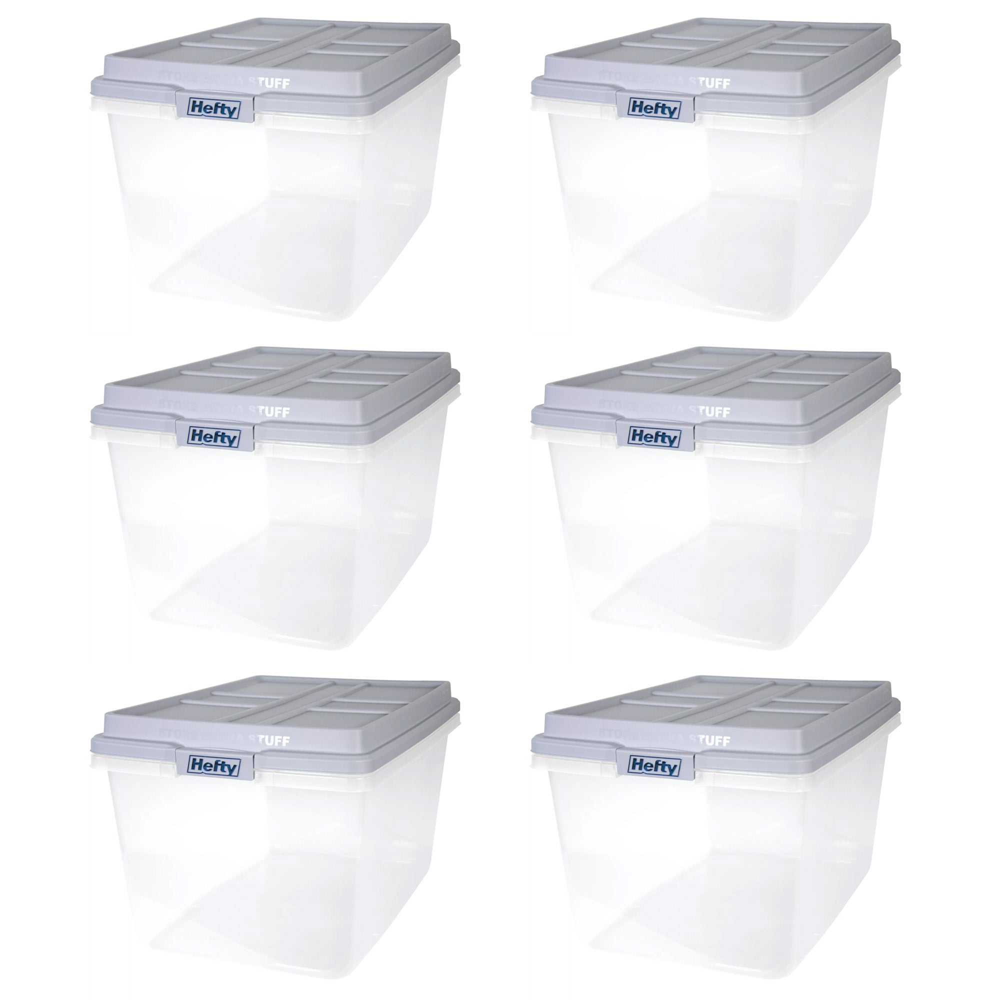 Hefty 72 Qt Hi-Rise Stackable Plastic Storage Bin with Lid, 6 Pack, Quarry Gray