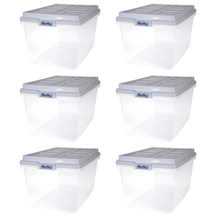 Hefty 72 Qt Hi-Rise Stackable Plastic Storage Bin with Lid, 6 Pack, Quarry Gray