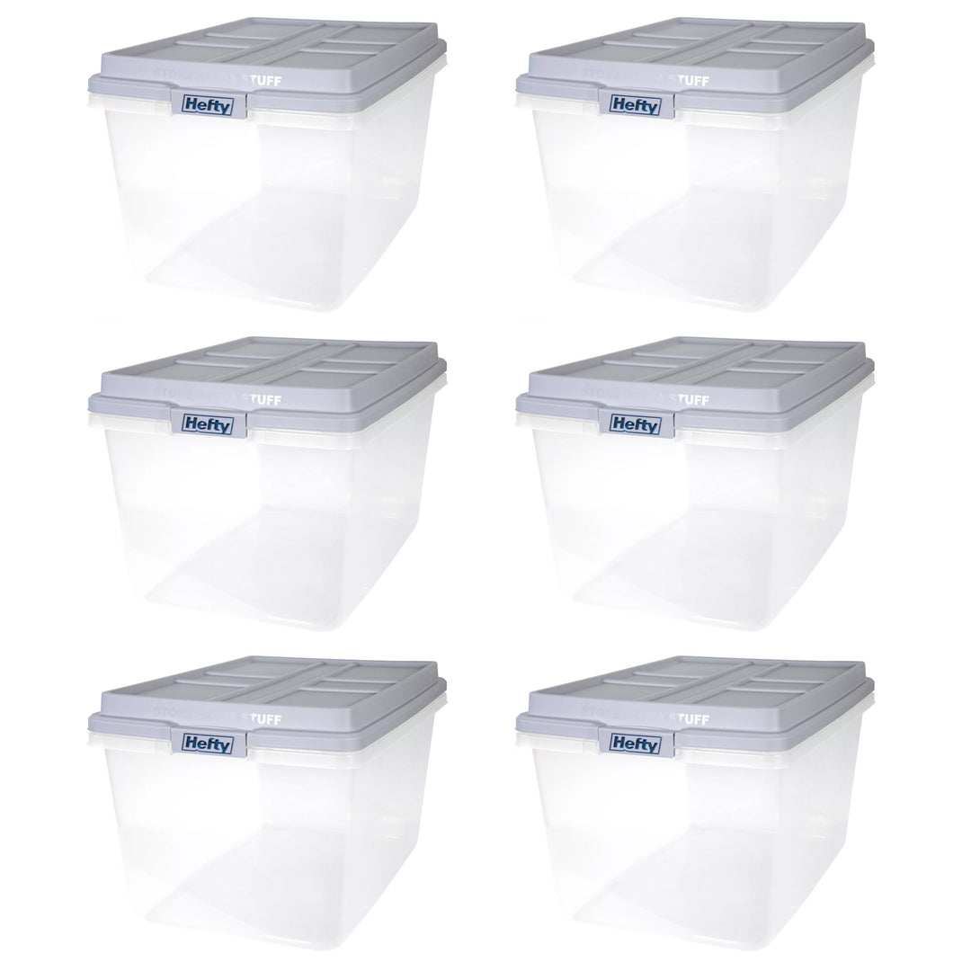 Hefty 72 Qt Hi-Rise Stackable Plastic Storage Bin with Lid, 6 Pack, Quarry Gray