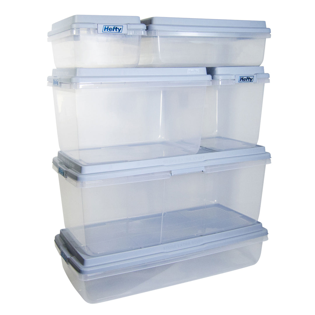 Hefty 72 Qt Hi-Rise Stackable Plastic Storage Bin with Lid, 6 Pack, Gray (Used)