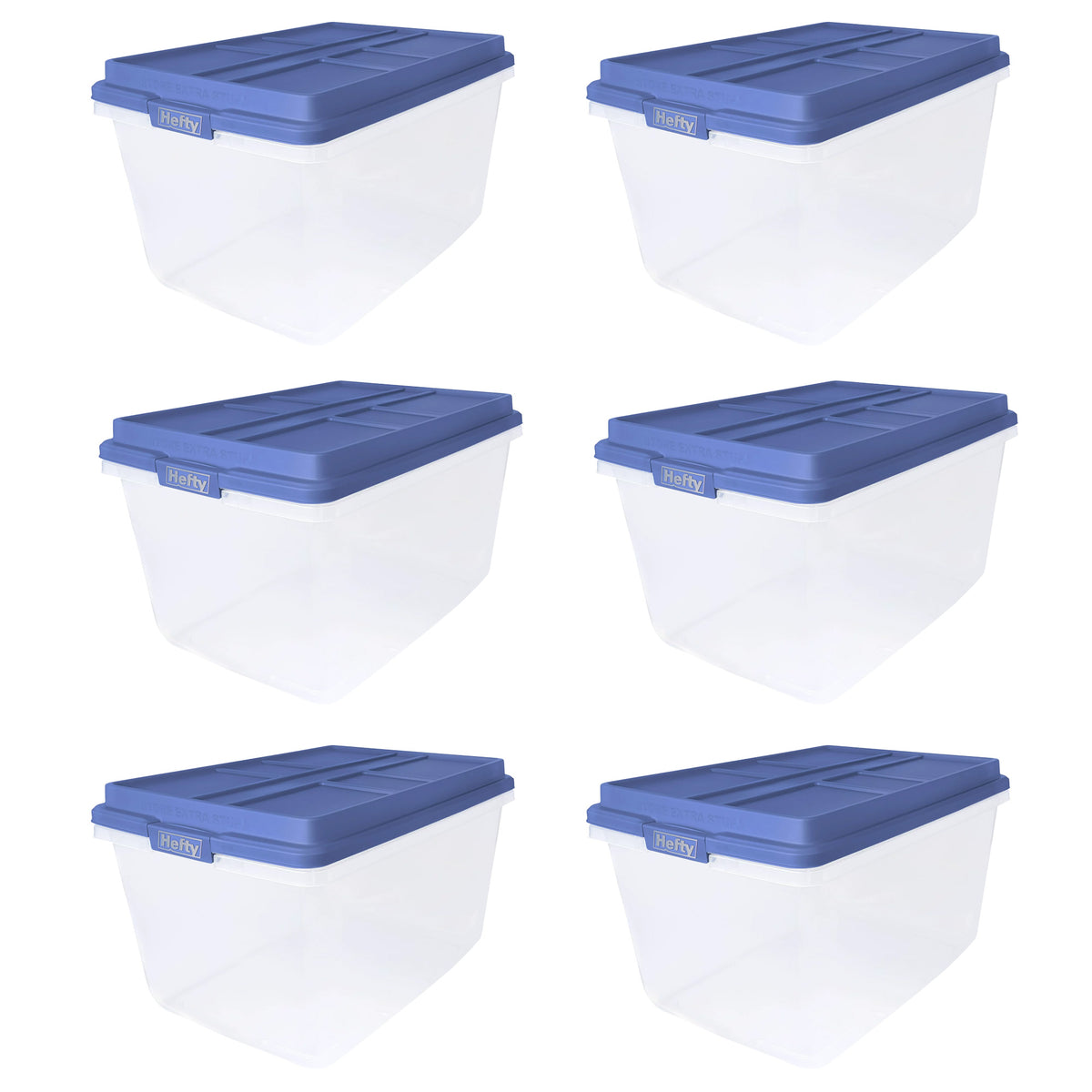 Hefty 72 Qt Hi-Rise Stackable Plastic Storage Container w/Lid, 6 Pack, Blue