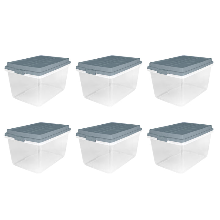 Hefty 72 Qt Hi-Rise Stackable Plastic Storage Bin with Lid, 6 Pack, Smoke Blue