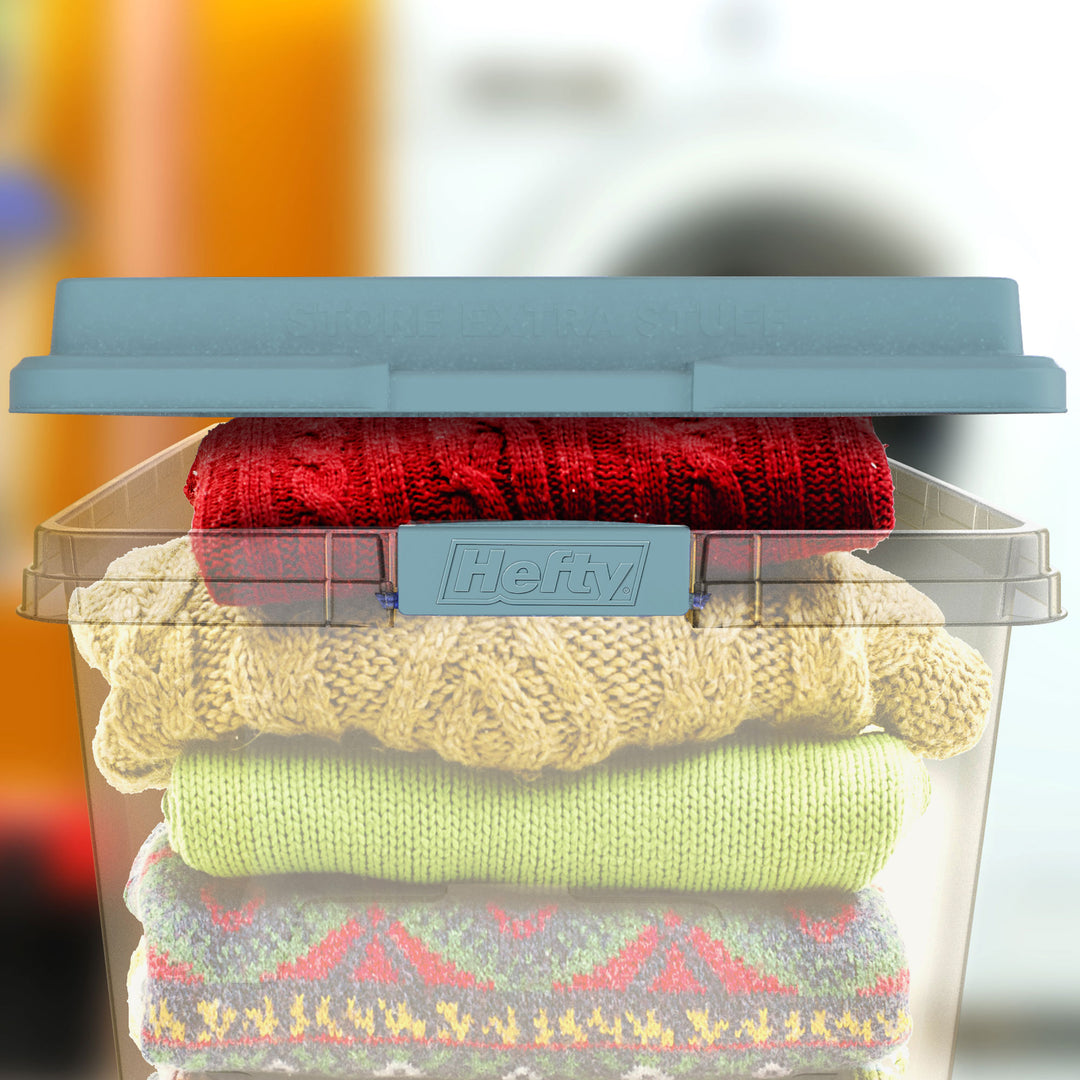 Hefty 72 Qt Hi-Rise Stackable Plastic Storage Bin w/Lid, 6pk, Smoke Blue (Used)