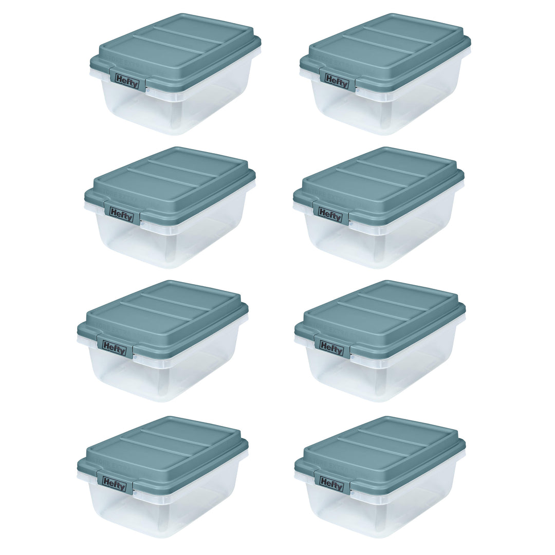 Hefty 18 Qt Hi-Rise Stackable Plastic Storage Bin with Lid, 8 Pack, Smoke Blue