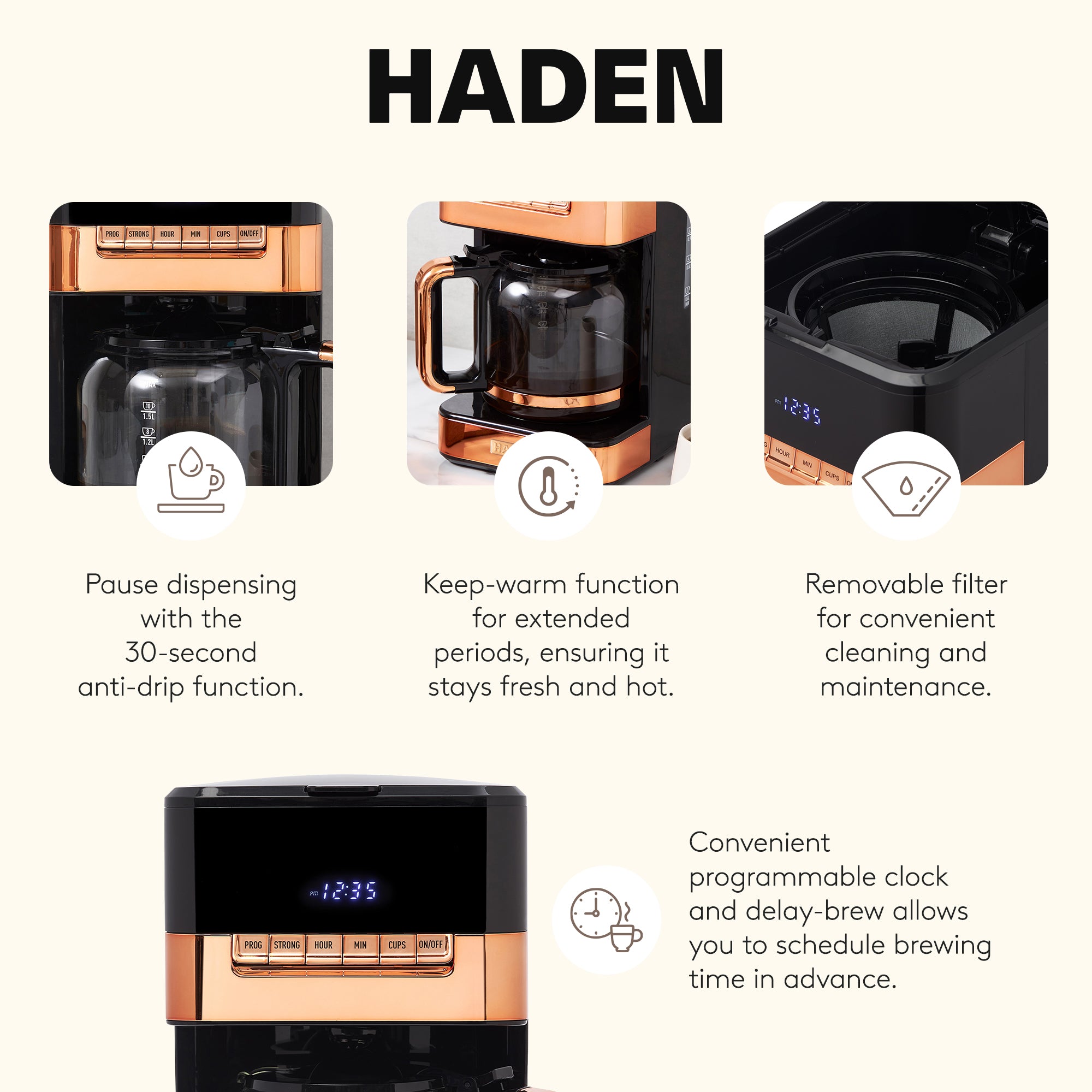 Haden Quintessential 12 Cup Programmable Coffee Maker, Black/Copper (Open Box)