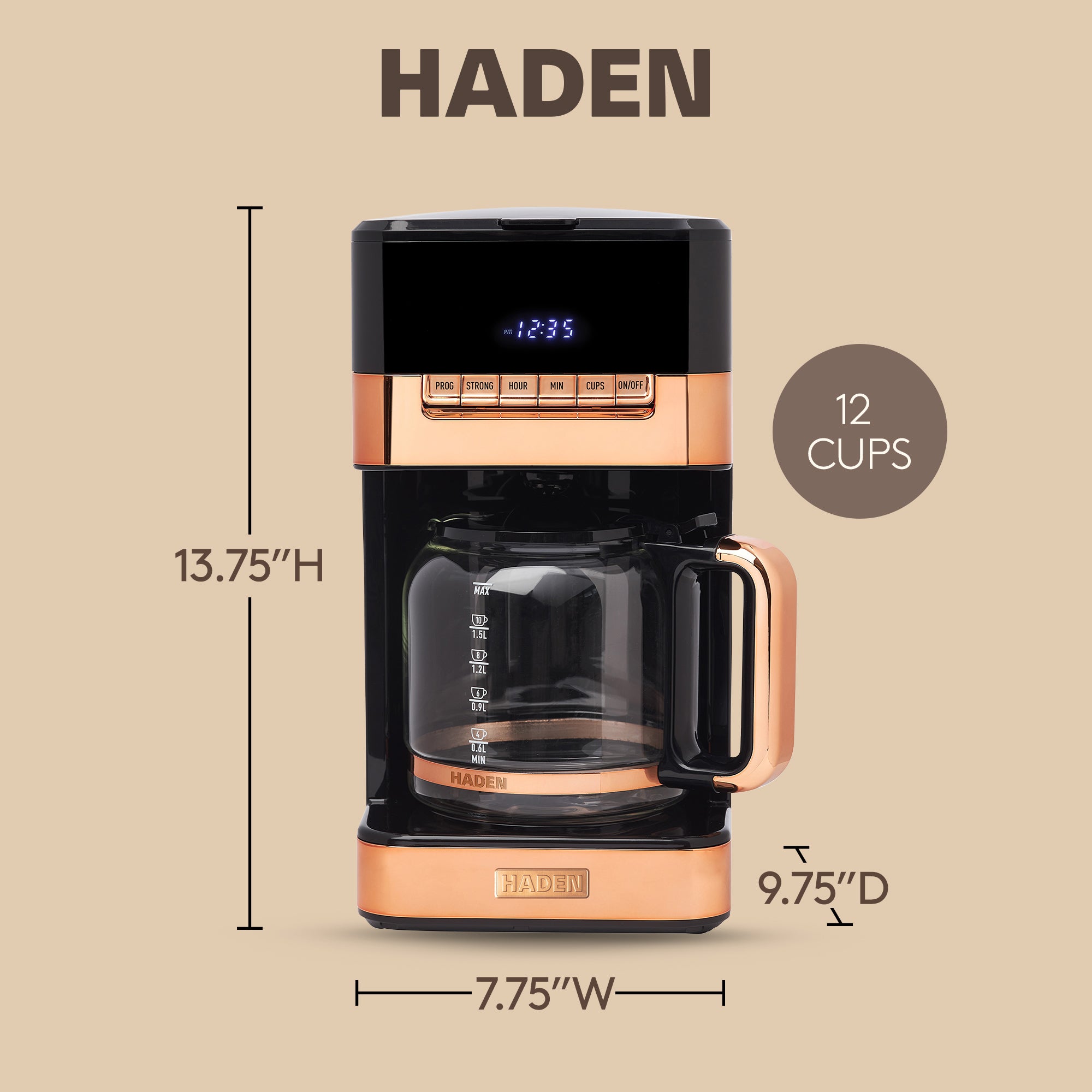Haden Quintessential 12 Cup Programmable Coffee Maker, Black/Copper (Open Box)