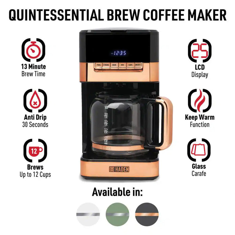 Haden Quintessential 12 Cup Programmable Coffee Maker, Black/Copper (Open Box)