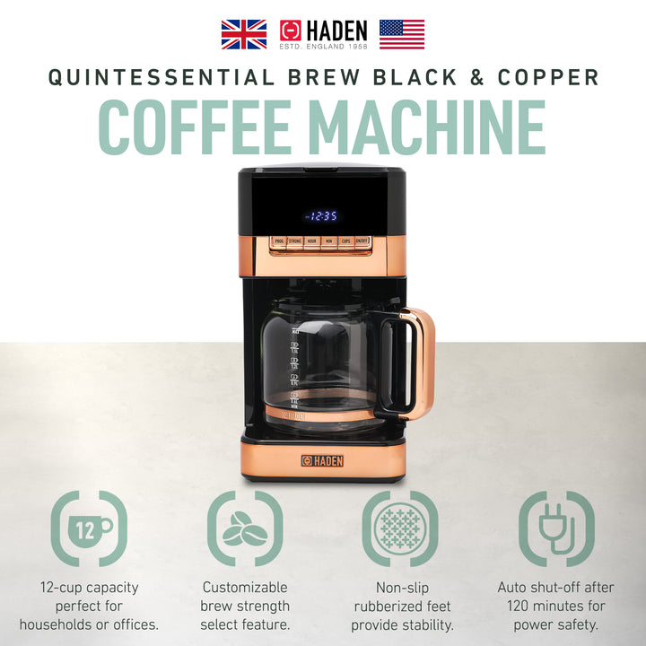 Haden 12 Cup Programmable Digital Coffee Maker, Black/Copper (Used)