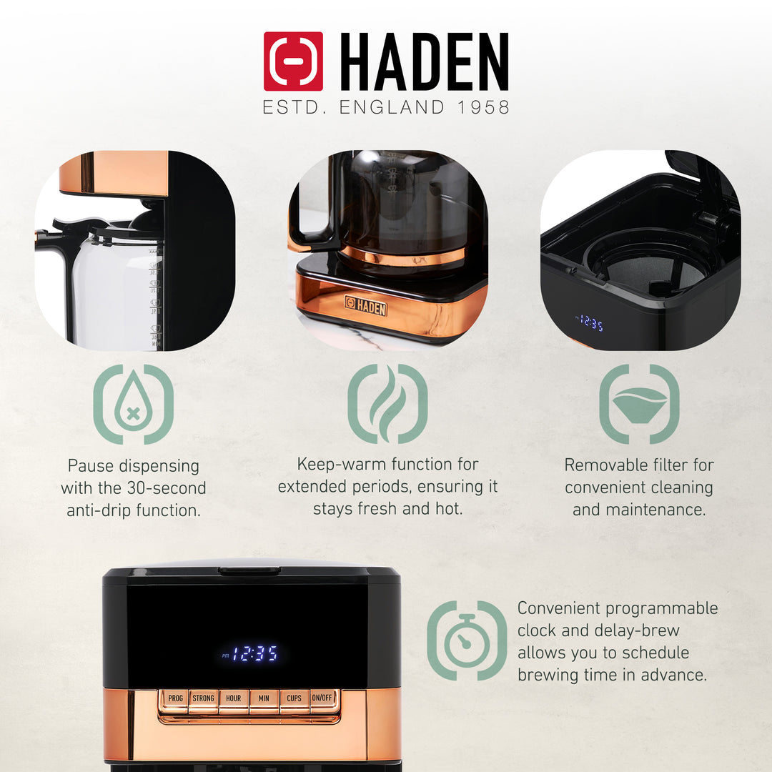 Haden 12 Cup Programmable Digital Coffee Maker, Black/Copper (Used)