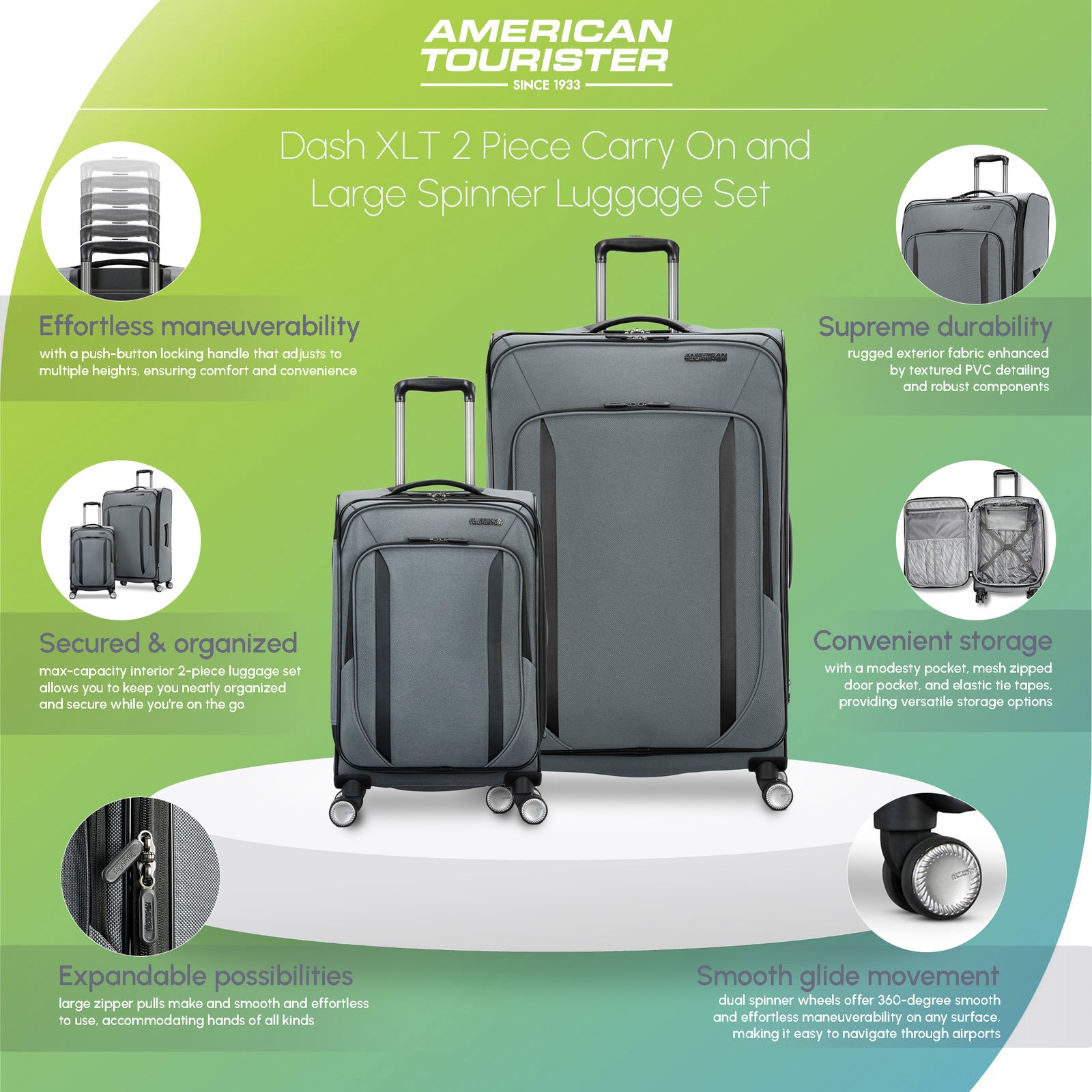 American Dash XLT 2 Piece Carry On and Large Spinner Luggage, Graphite(Open Box) - VMInnovations