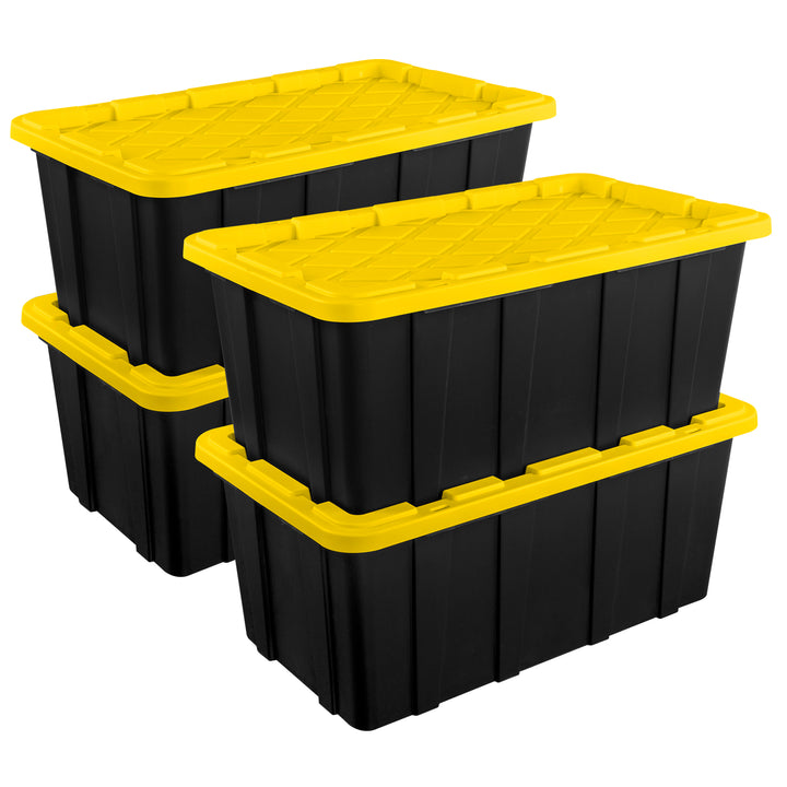 Sterilite 38 Gallon Industrial Stackable Storage Tote Lidded Containers, 4 Pack