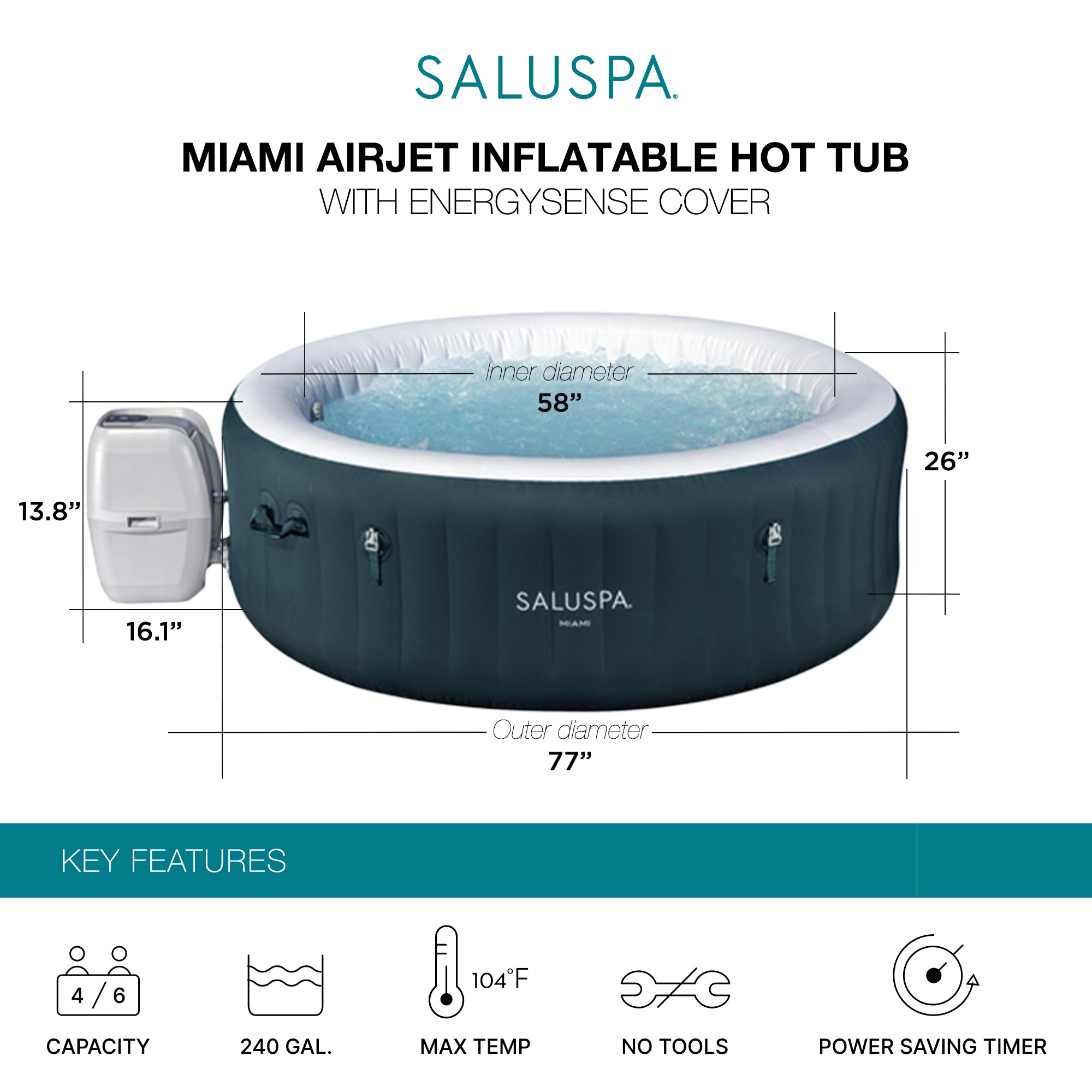 Bestway Miami AirJet 4-6 Person Inflatable Spa w/ EnergySense Cover (Open Box) - VMInnovations