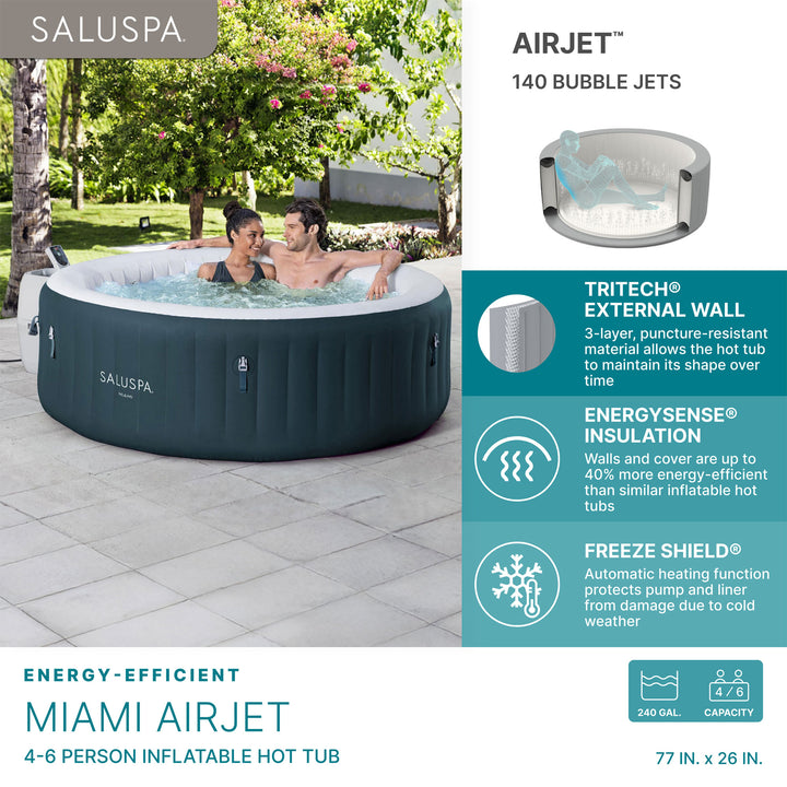 Bestway SaluSpa Miami AirJet 4-6 Person Inflatable Hot Tub w/ EnergySense Cover