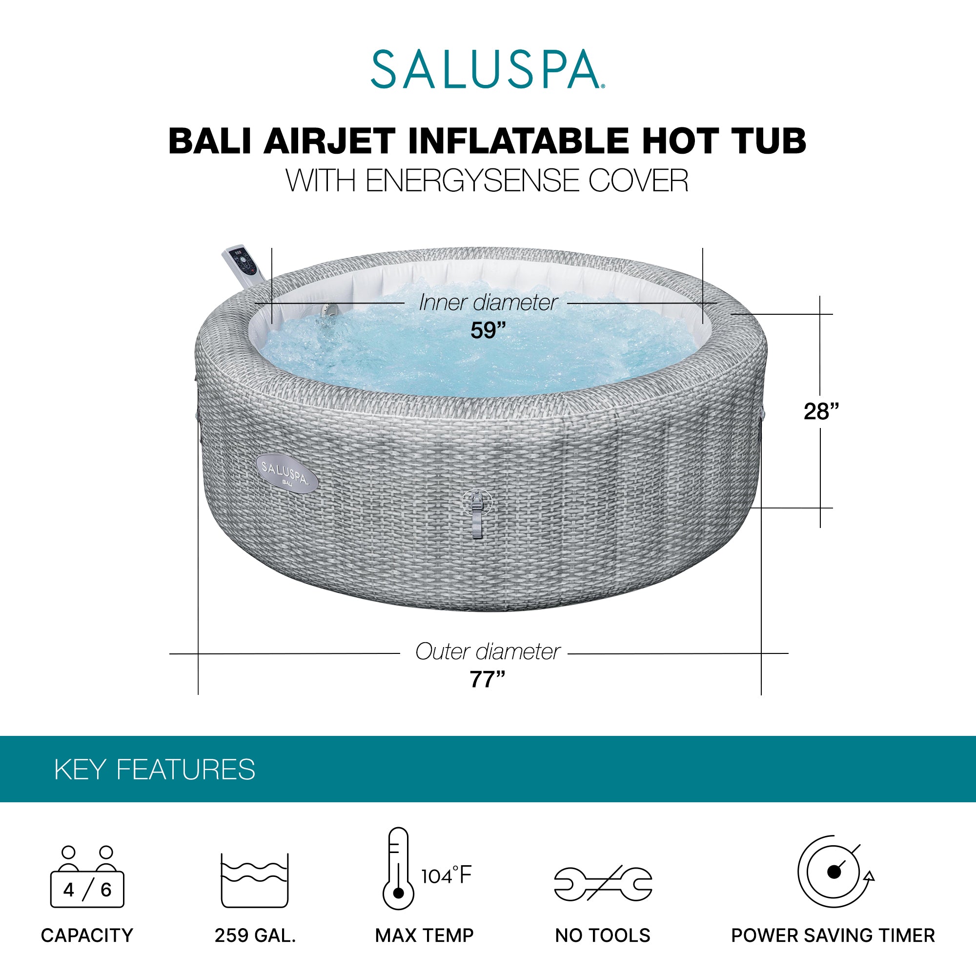 Bestway Bali Smart AirJet Inflatable Spa w/ EnergySense Cover, Gray (Open Box)