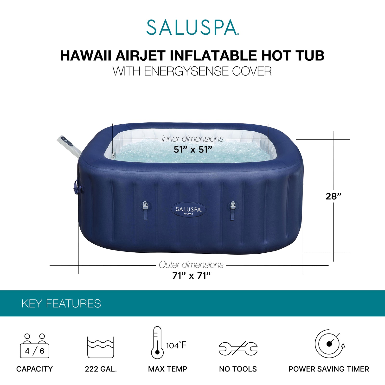 Bestway SaluSpa Hawaii Smart AirJet Inflatable Hot Tub with EnergySense Cover - VMInnovations