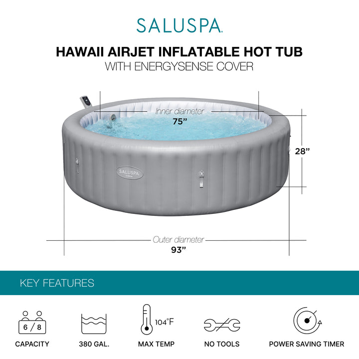 Bestway SaluSpa Hawaii Smart AirJet Inflatable Hot Tub with EnergySense Cover