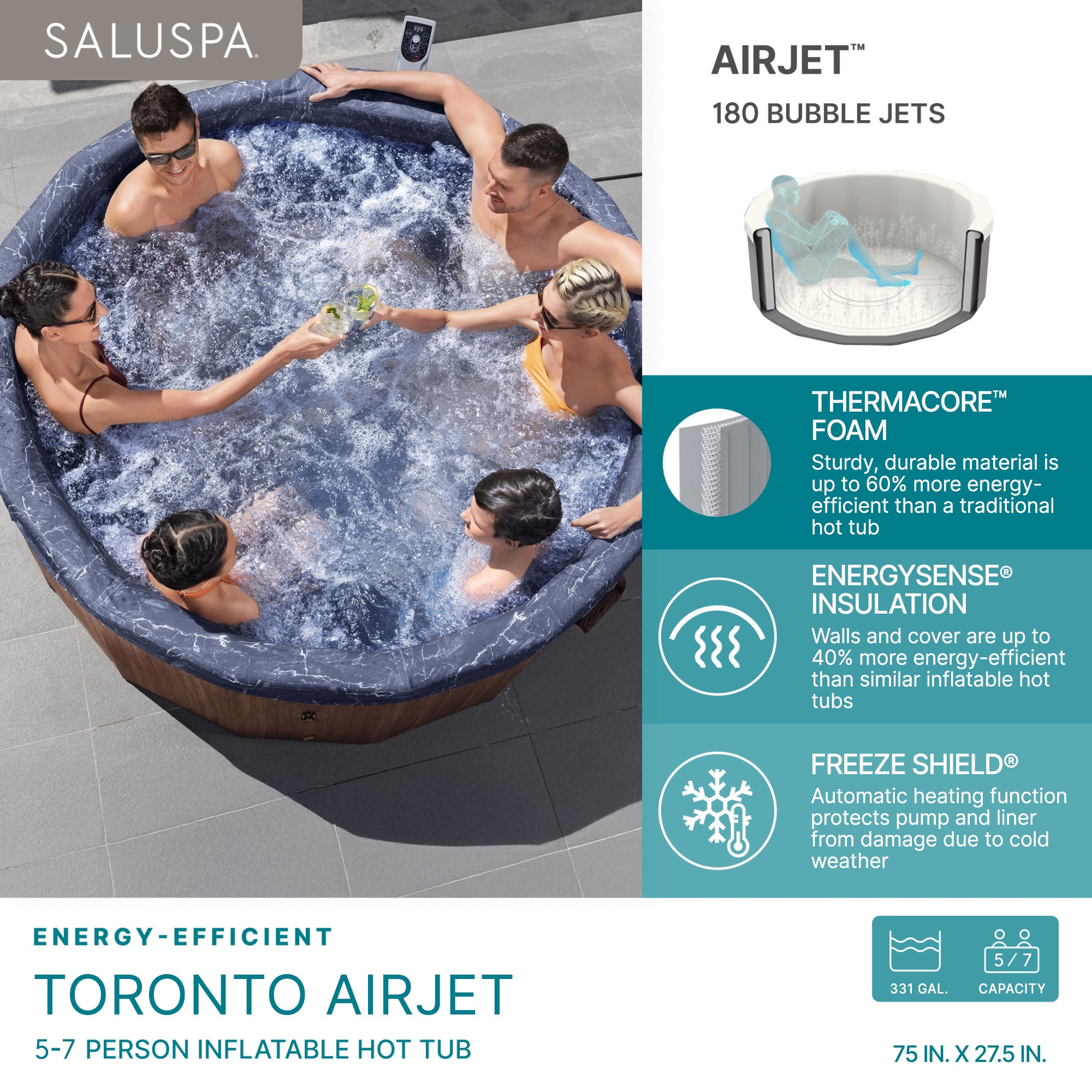 Bestway SaluSpa Toronto 5-7 Person Energy-Efficient AirJet Foam Hot Tub, Brown