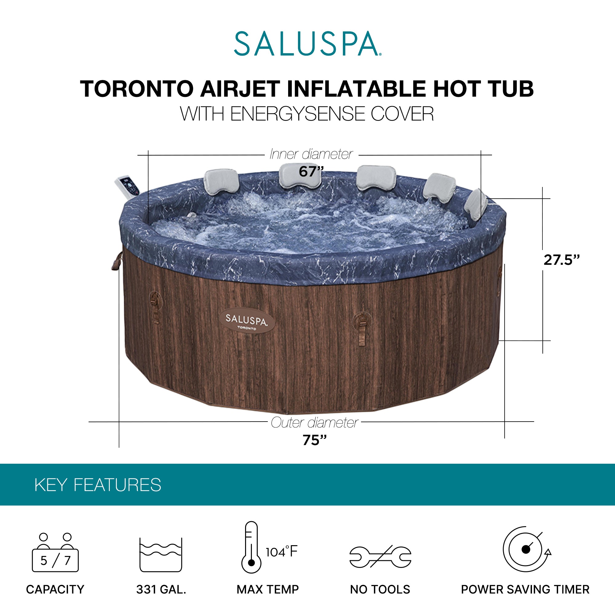 Bestway SaluSpa Toronto 5-7 Person Energy-Efficient AirJet Foam Hot Tub, Brown - VMInnovations