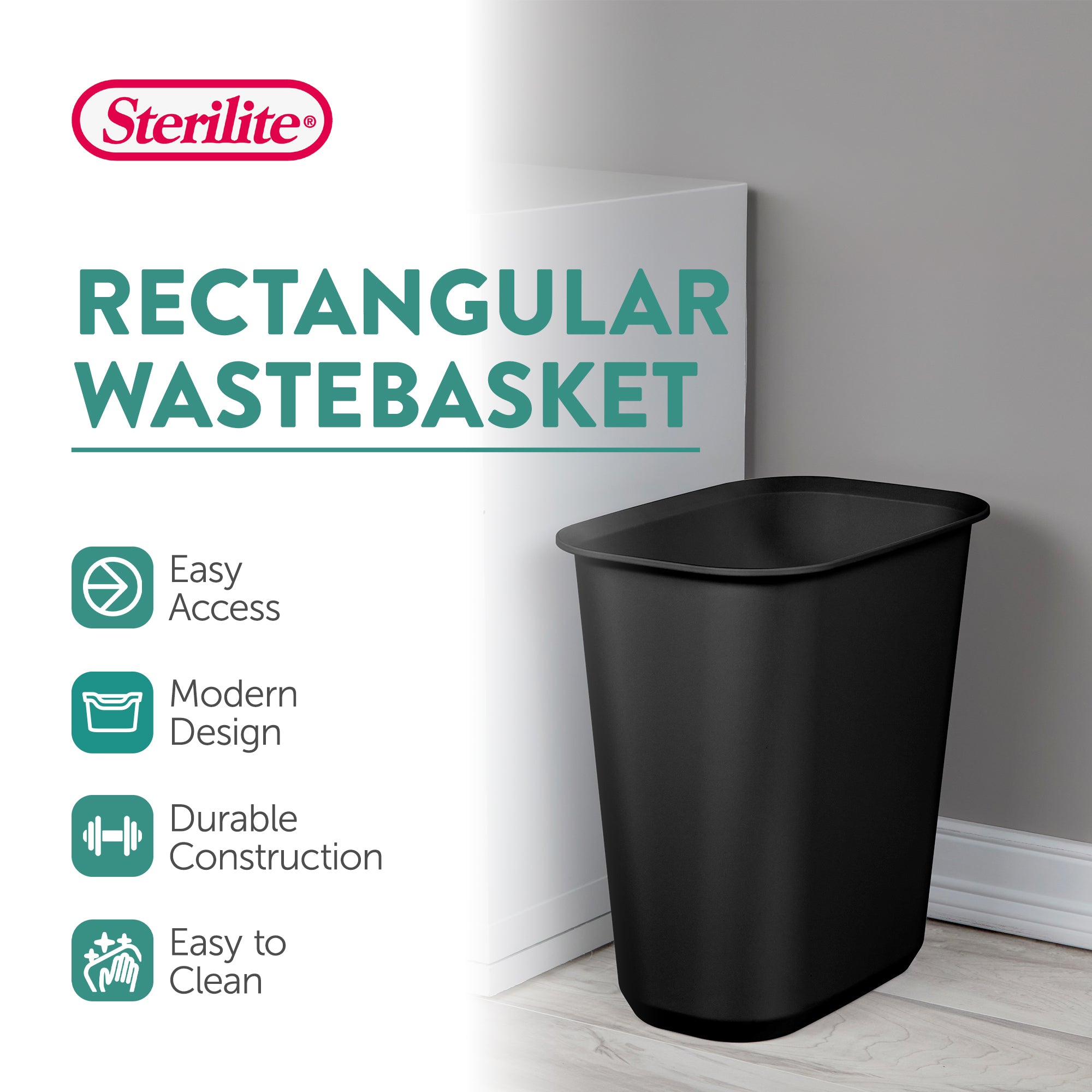 Sterilite Rectangular Wastebasket 5.5 Gallon Open Top Trash Bin, 18 Pack, Black
