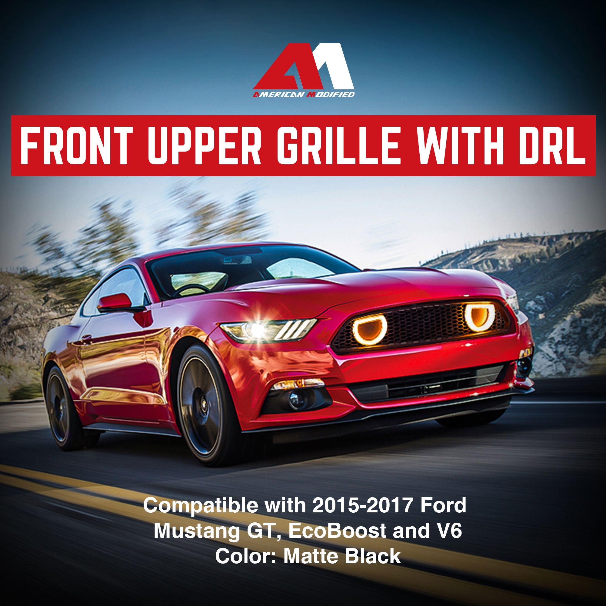 AMERICAN MODIFIED Grille for 15-17 Ford Mustang EcoBoost, GT, & V6, Matte Black - VMInnovations