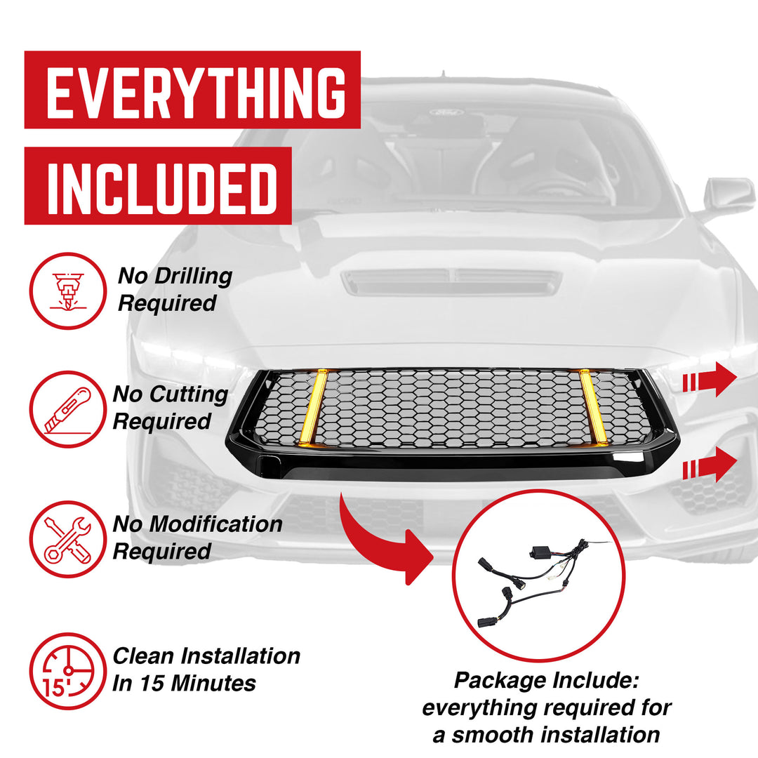 AMERICAN MODIFIED Front Grille w/LED DRL for 2024+ Mustang EcoBoost/GT(Open Box)