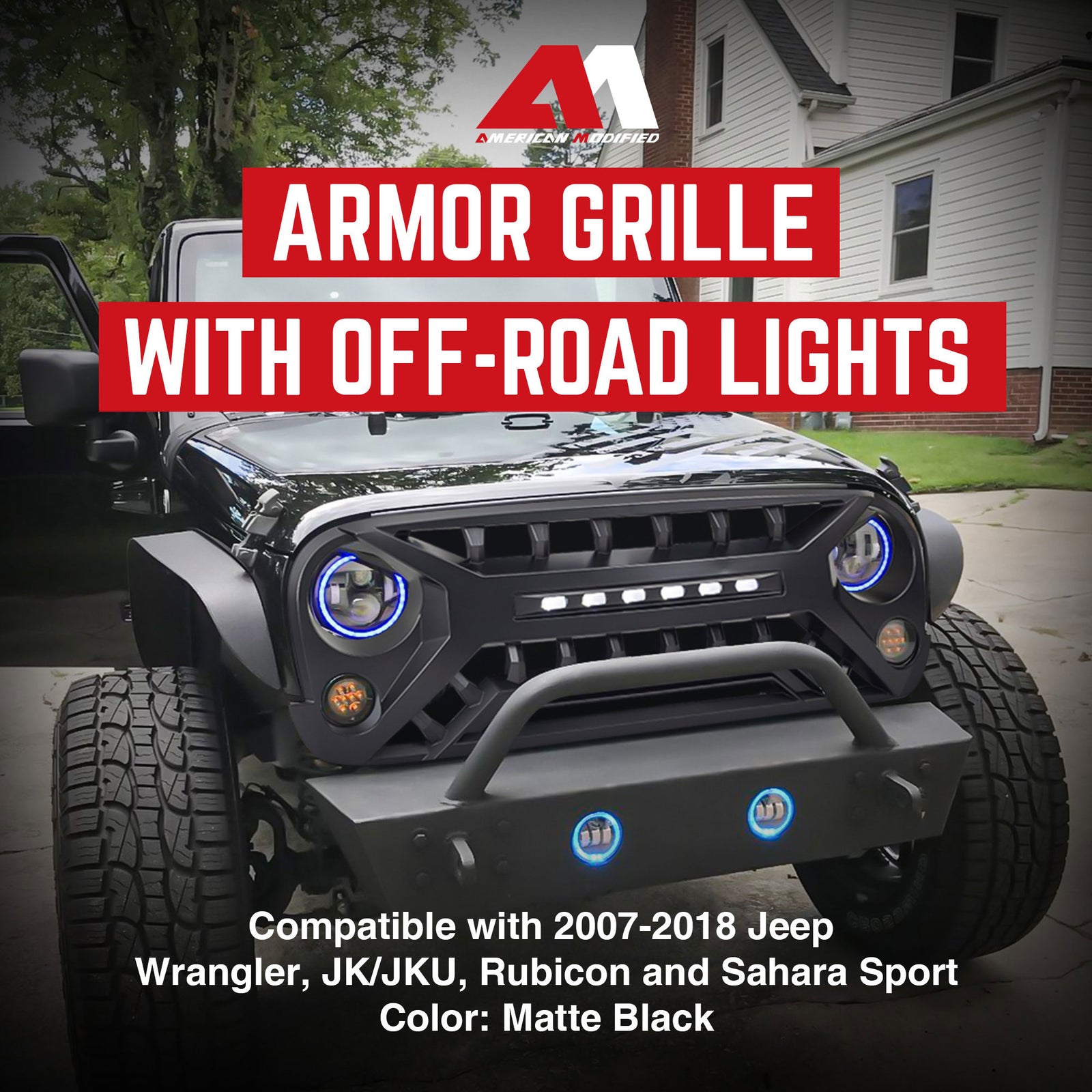 AMERICAN MODIFIED Armor Grille for 2007 to 2018 Jeep Wrangler JK, Matte Black - VMInnovations