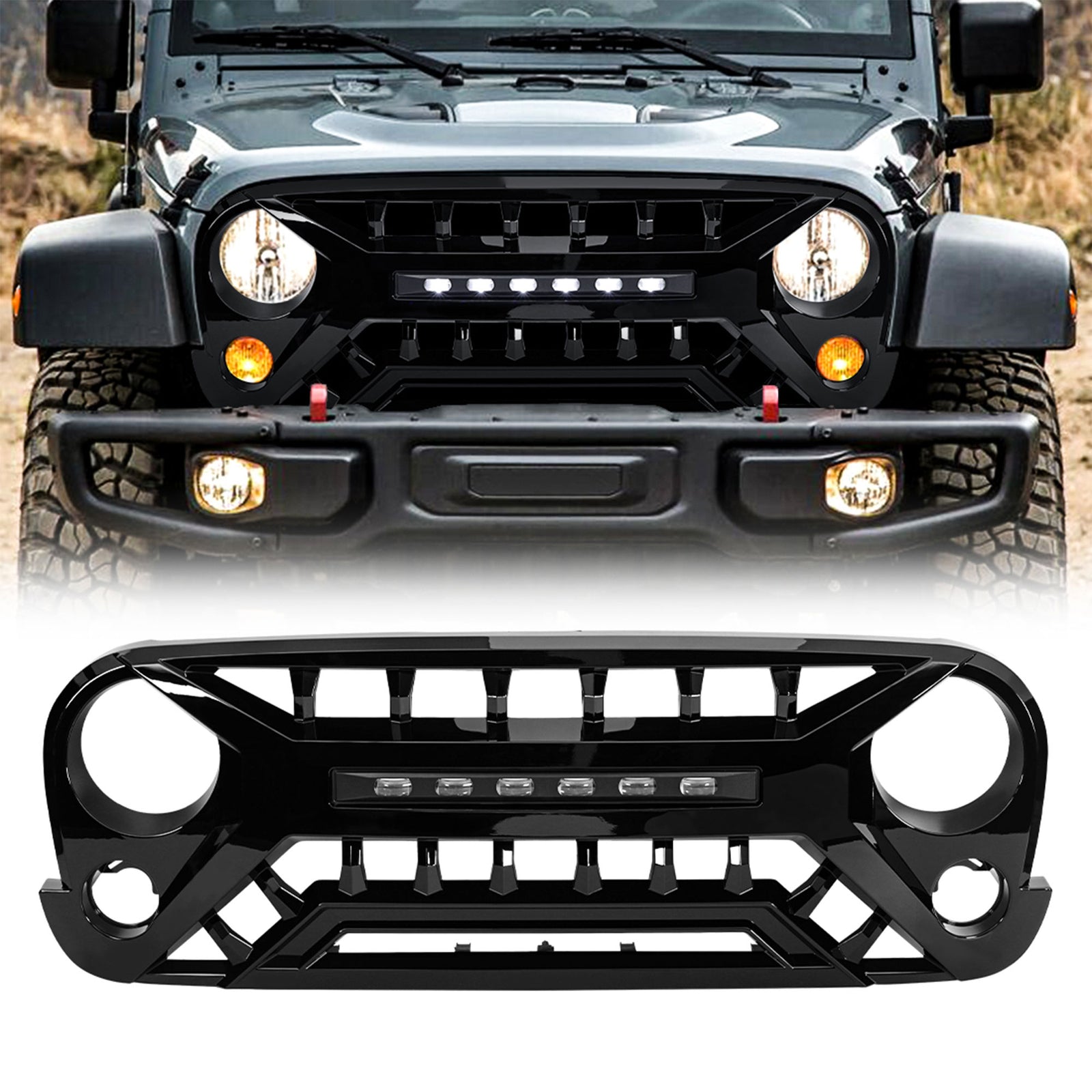 AMERICAN MODIFIED Armor Grille w/Off-Road Lights, 07-18 Jeep Wrangler JK, Black - VMInnovations