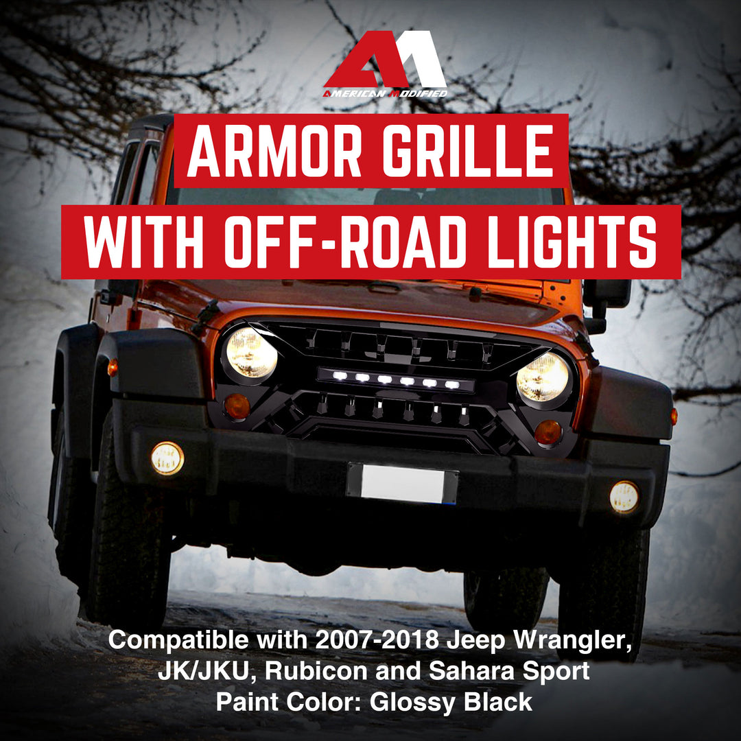 AMERICAN MODIFIED Armor Grille w/Off-Road Lights, 07-18 Jeep Wrangler JK, Black