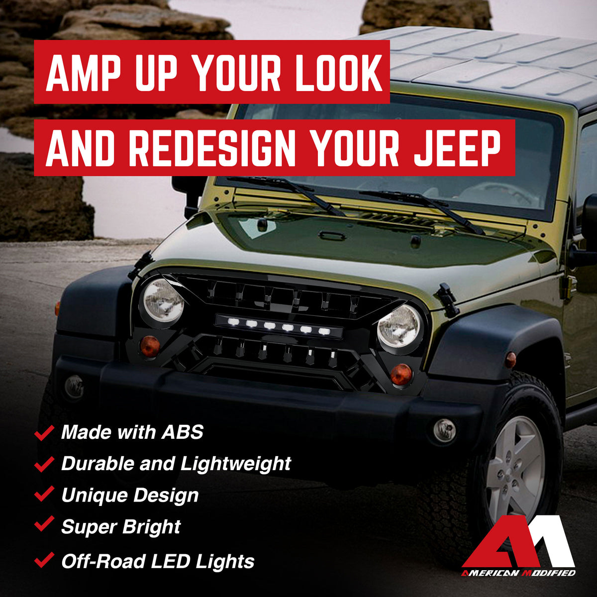 AMERICAN MODIFIED Grille w/Off-Road Lights, 07-18 Jeep Wrangler JK (Open Box) - VMInnovations