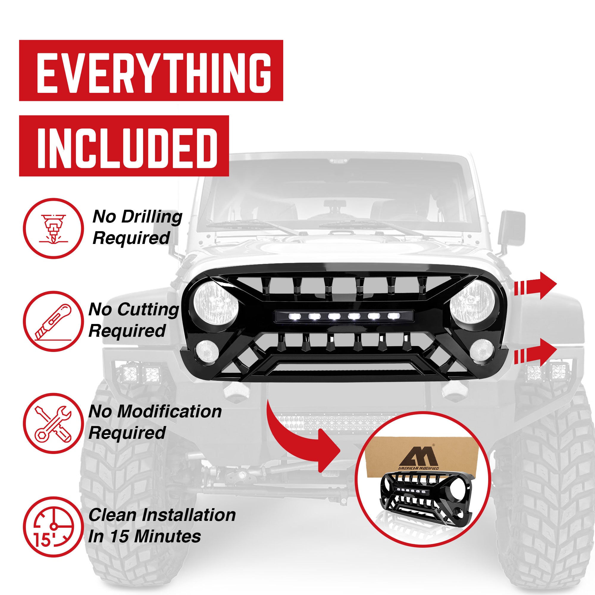 AMERICAN MODIFIED Grille w/Off-Road Lights, 07-18 Jeep Wrangler JK (Open Box) - VMInnovations