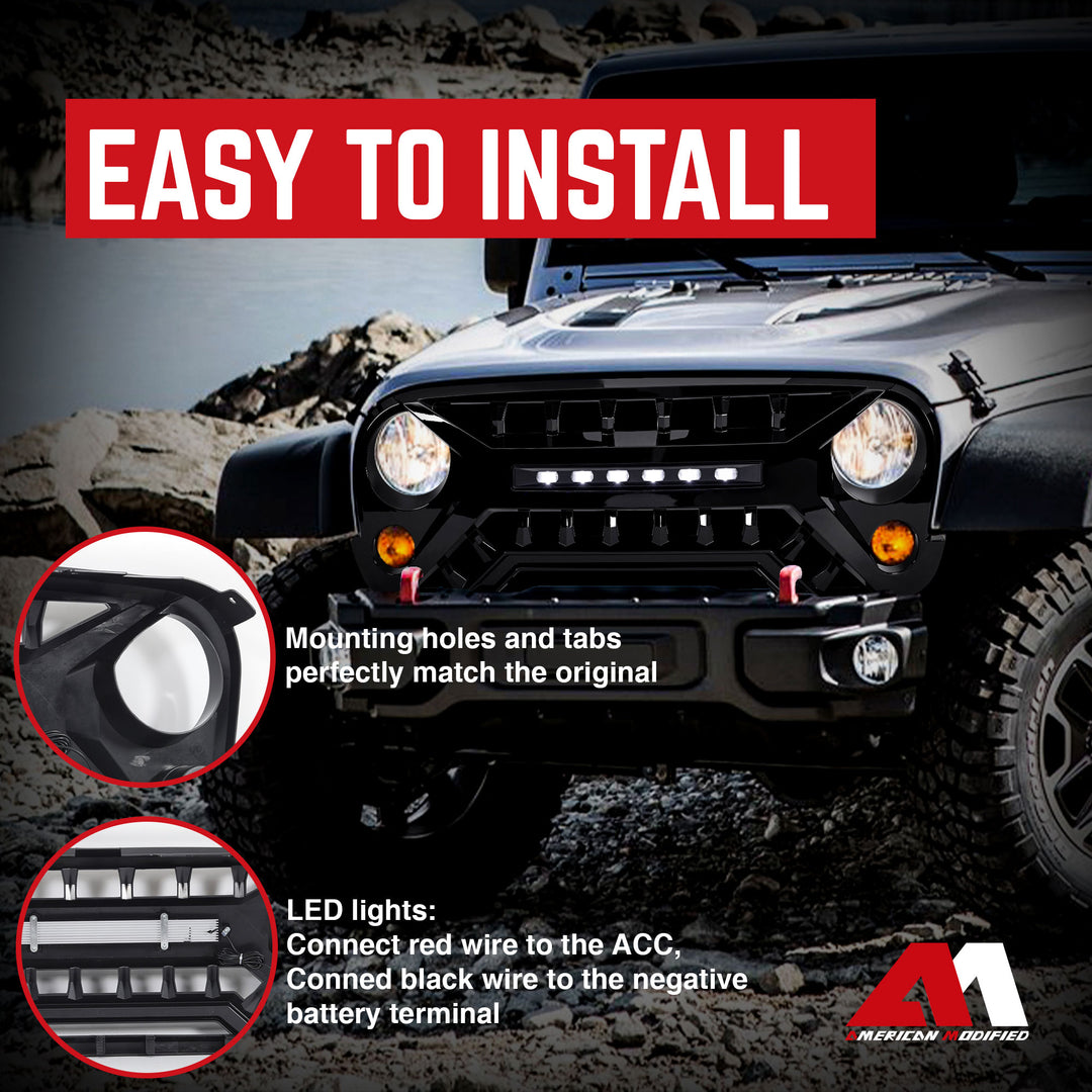 AMERICAN MODIFIED Armor Grille w/Off-Road Lights, 07-18 Jeep Wrangler JK, Black