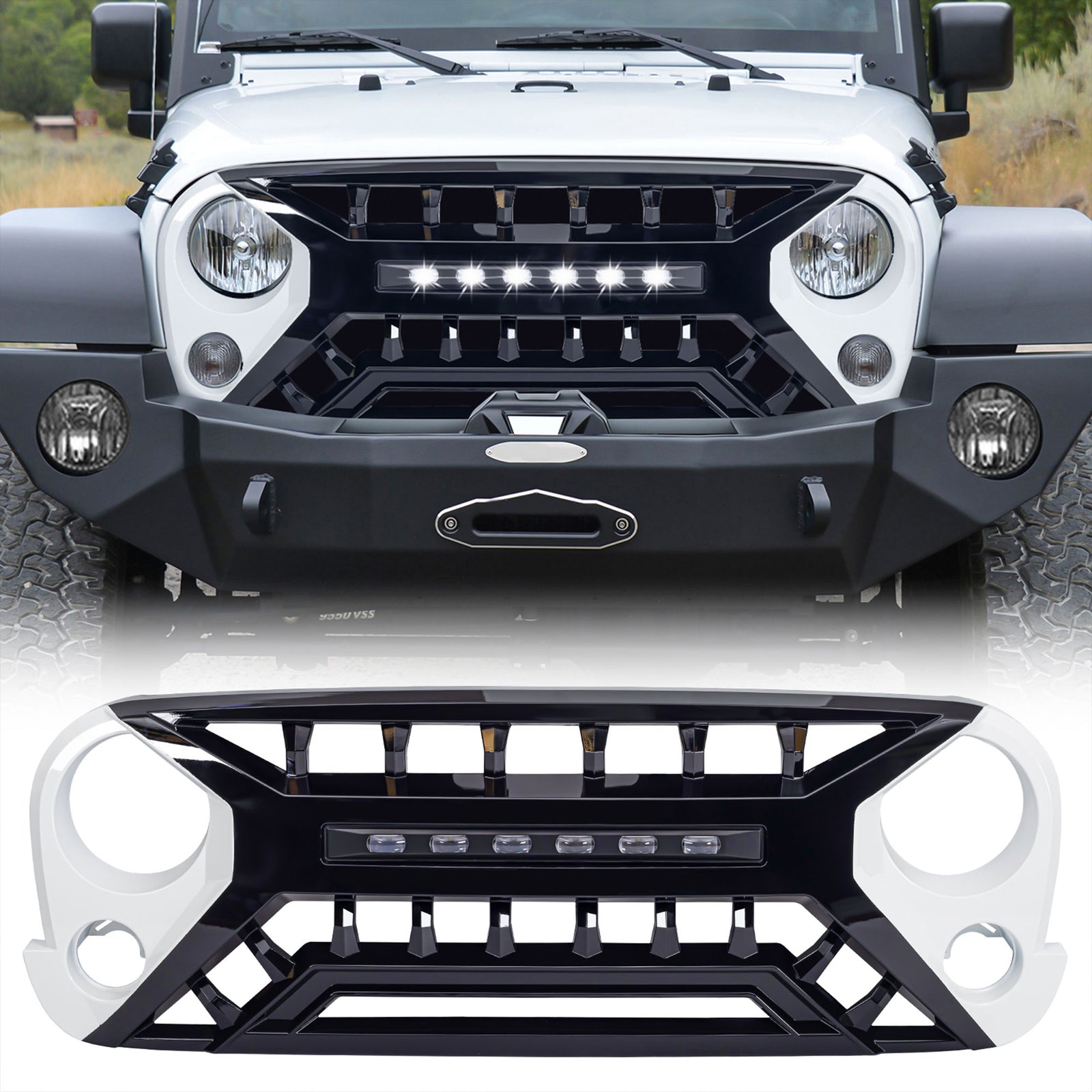AMERICAN MODIFIED Armor Grille w/Off-Road Lights, 07-18 Jeep Wrangler JK, White - VMInnovations