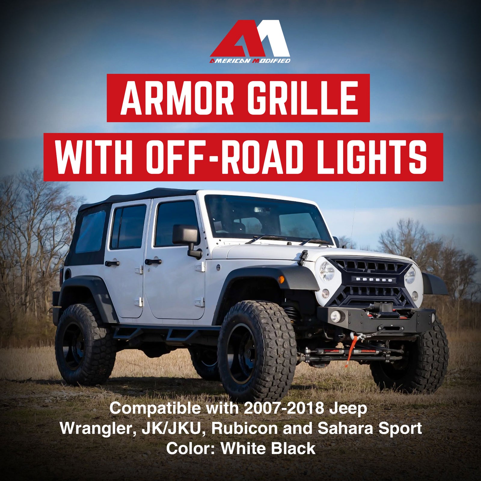 AMERICAN MODIFIED Armor Grille w/Off-Road Lights, 07-18 Jeep Wrangler JK, White - VMInnovations