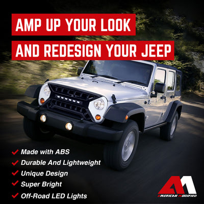 AMERICAN MODIFIED Armor Grille w/Off-Road Lights, 07-18 Jeep Wrangler JK, White - VMInnovations