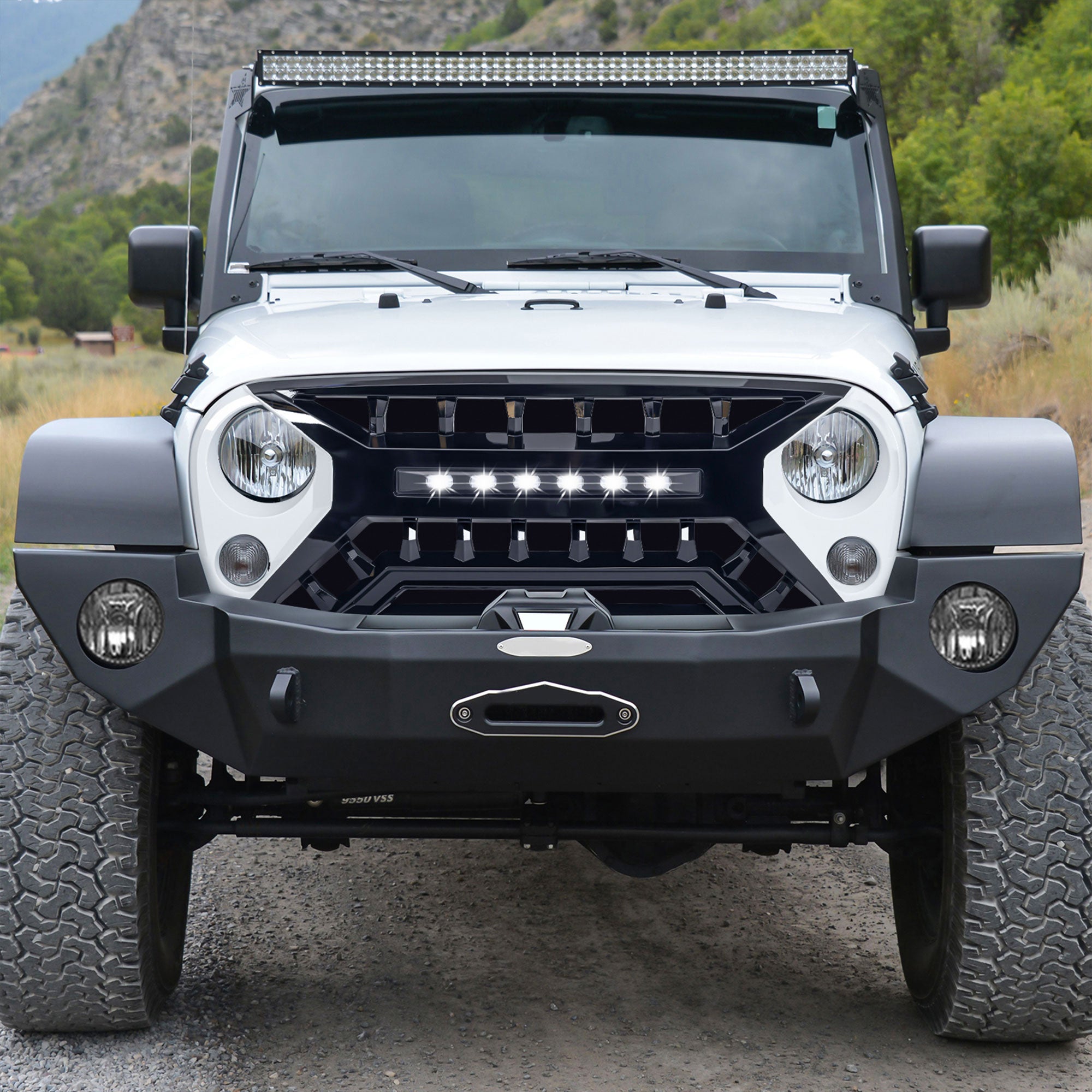AMERICAN MODIFIED Armor Grille w/Off-Road Lights, 07-18 Jeep Wrangler JK, White - VMInnovations